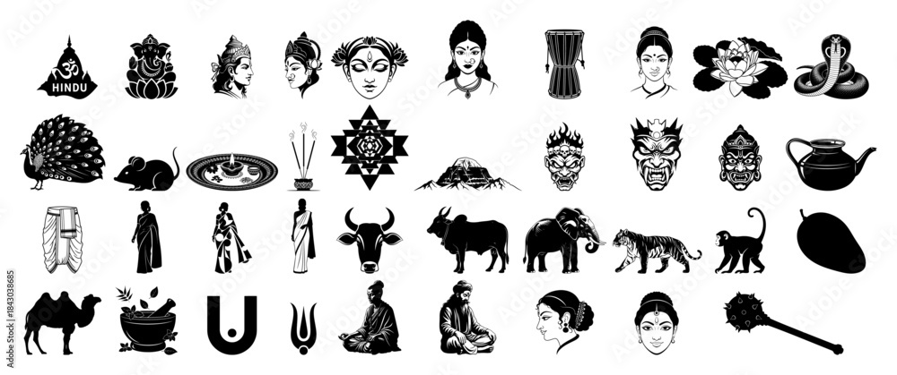 Obraz premium Large collection of India and Hinduism culture vector silhouettes Indian traditional symbols and icons set