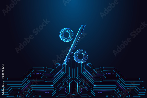 Glowing digital percent symbol rising from circuitry, fintech analytics tech vector illustration