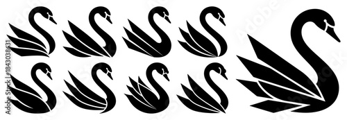 Elegant swan logo icon set Black bird silhouette vector collection