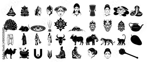 Large collection of India and Hinduism culture vector silhouettes Indian traditional symbols and icons set