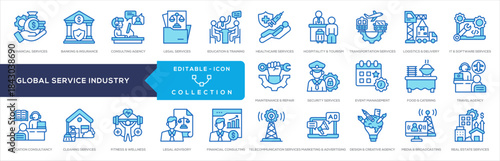 Global service Industry Icon Collection. Financial Service, Banking Insurance, Legal Service
