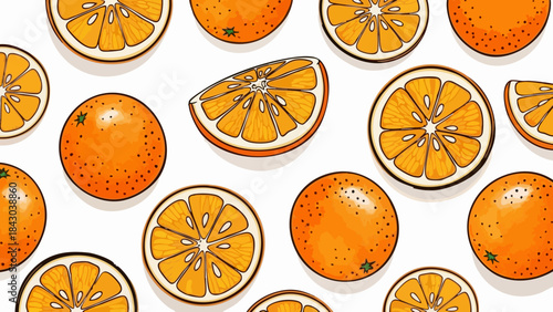 Vibrant seamless pattern featuring hand drawn whole and sliced oranges on a clean white background