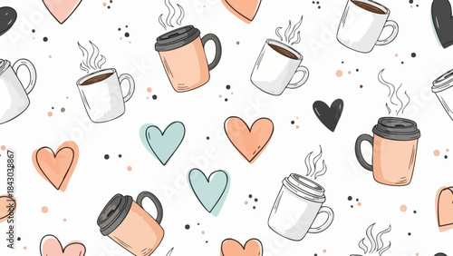 Charming seamless pattern featuring steaming coffee mugs and hand drawn hearts on a white background