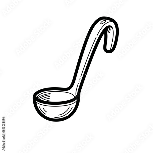 Black and white illustration of a ladle with a long curved handle.