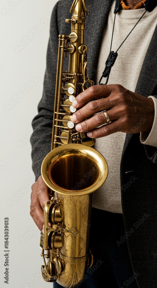 Obraz premium Saxophone held by musician in studio portrait