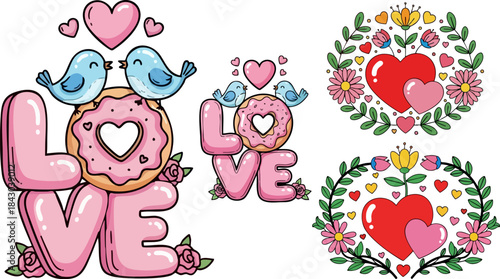 Cute cartoon valentine designs featuring pink hearts blue birds and sweet donut typography elements