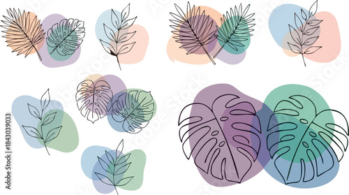 Wallpaper Mural Minimalist line art tropical leaf arrangements with soft pastel abstract watercolor shapes Torontodigital.ca