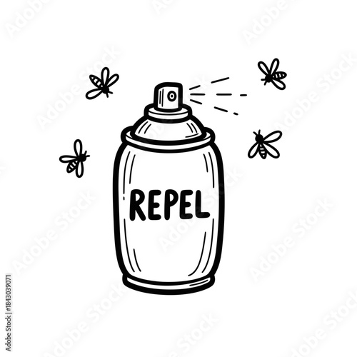 A charming hand-drawn doodle illustrates a spray can labeled 'REPEL' emitting a protective mist to ward off bothersome flying insects, perfect for illustrating pest control solutions.
