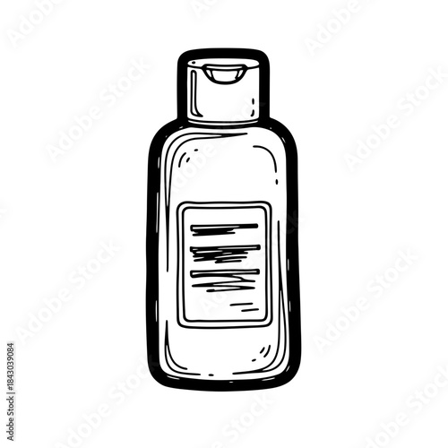 A minimalist hand-drawn illustration captures a compact bottle with a flip-top cap, perfect for travel-sized toiletries or sanitizing liquid.
