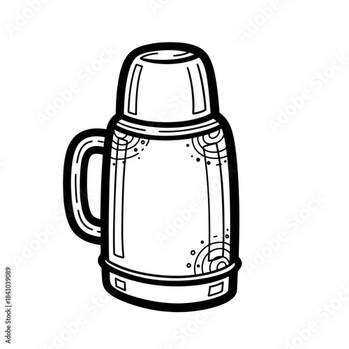 This charming black and white line art illustration depicts a classic thermos bottle with a handle and cup, ideal for keeping beverages hot or cold on any journey.