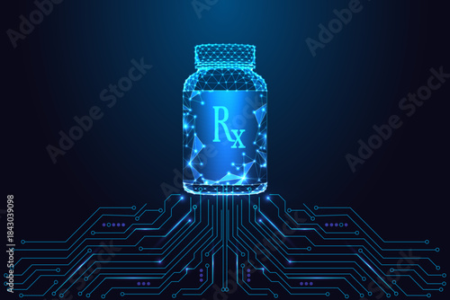 Digital glowing RX medicine bottle on circuit board, futuristic pharmacy tech vector illustration