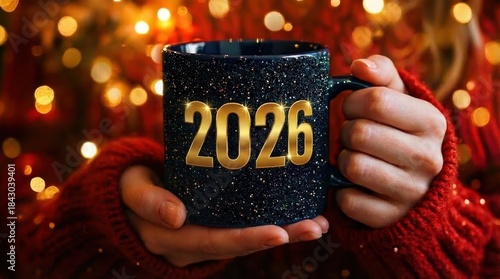 Woman hands in red sweater holding festive blue glitter mug with golden 2026 new year number on Christmas bokeh background