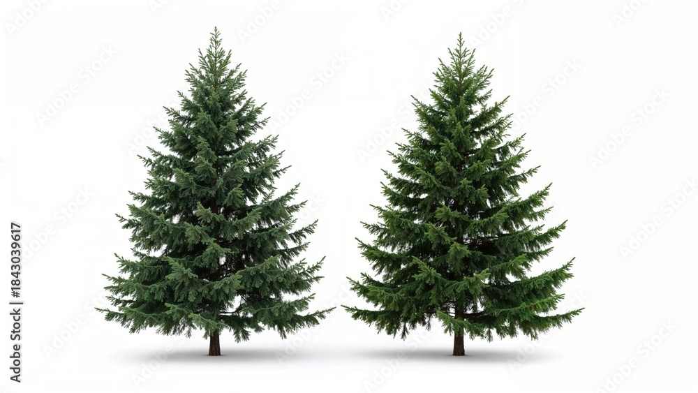 Fototapeta premium Two green pine trees displayed against a white background.