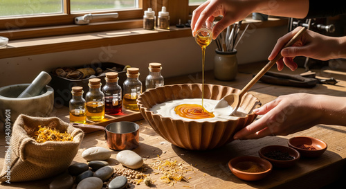 A close-up shot of a person pouring natural oils from small glass beakers into a creamy white soap base