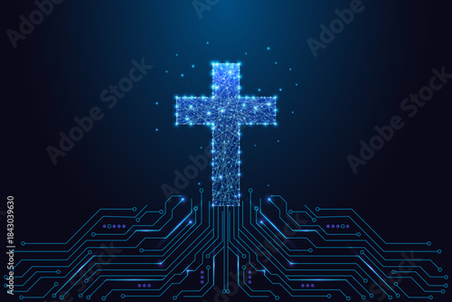 Glowing digital cross on circuit board, futuristic faith and technology concept vector art
