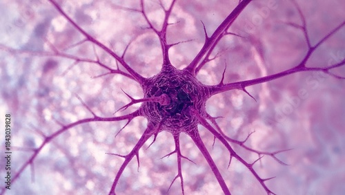 Neural cell with branching dendrites, microscopic view, biological and medical concept. The structure of nerve cells and connections. Cellular neurobiology illustration.