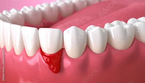 A detailed depiction of a human mouth reveals a close-up of a bleeding gum, highlighting the potential consequences of poor oral hygiene and raising awareness about dental health.