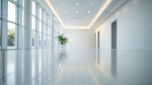 Wallpaper Mural A modern building interior featuring a long hallway with plants and large windows, creating a sense of spaciousness and tranquility Torontodigital.ca