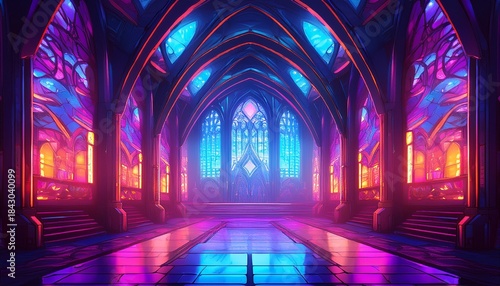 futuristic gothic cathedral neon stained glass digital art cyberpunk interior