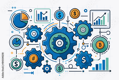 A detailed illustration of interconnected gears, financial symbols, and data charts representing business processes and technology.