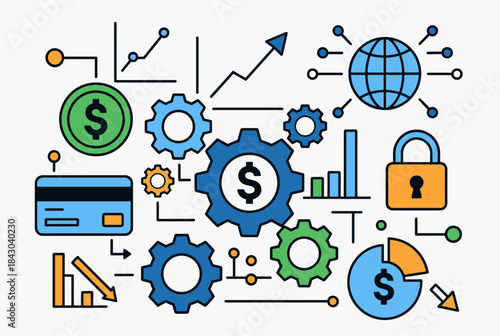 A detailed illustration depicting various business, finance, data analysis, technology, and security concepts with gears, charts, money, and global network icons.