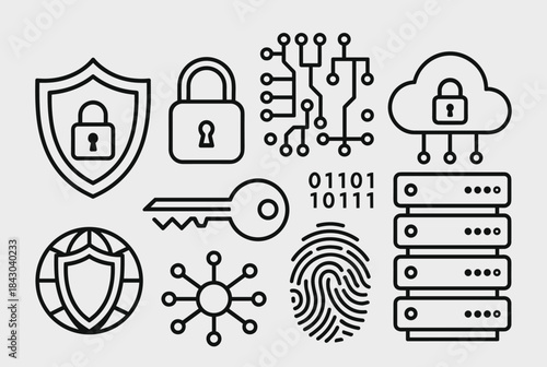 A collection of line art icons representing cybersecurity, data protection, and digital technology concepts.