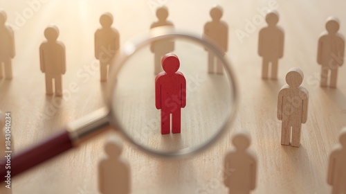 a red figure is being highlighted with a magnifying glass among many other figures. The lighting in the scene is soft, and it creates a visually appealing atmosphere 