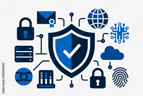 A comprehensive illustration of cybersecurity concepts and data protection, featuring a central shield surrounded by related digital icons.