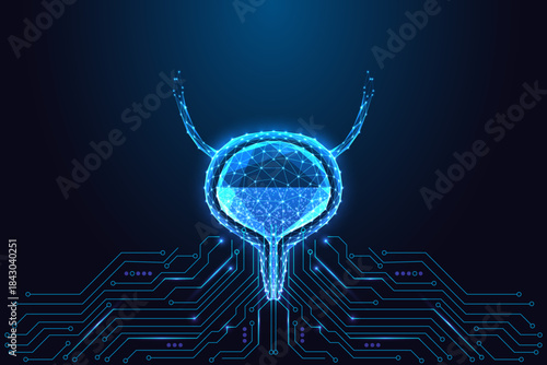 Urology digital bladder with glowing circuitry, futuristic medical technology vector illustration