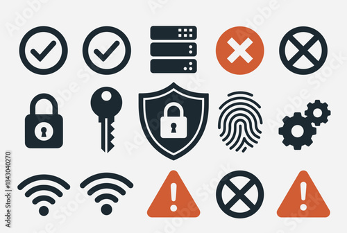 A collection of security, network, and warning icons including locks, keys, shields, fingerprints, WiFi, checkmarks, X marks, and warning triangles.