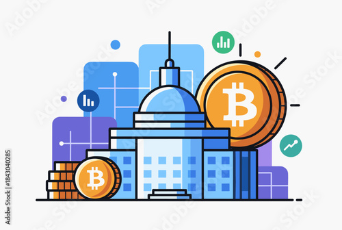 Illustration of a government building with Bitcoin cryptocurrency coins and financial charts, representing digital finance and regulation.