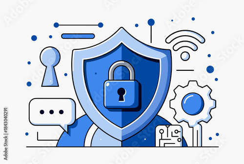 A detailed illustration of digital security and data protection with a shield and padlock surrounded by technology icons.