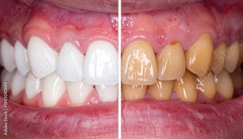 An image showcases a striking before-and-after comparison of dental procedures, highlighting the transformative power of cosmetic dentistry with a side-by-side view.
