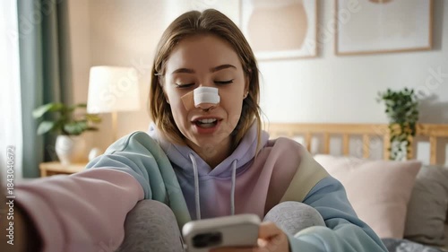 A young woman with a bandaged nose vlogging her recovery journey after rhinoplasty surgery in her cozy bedroom.