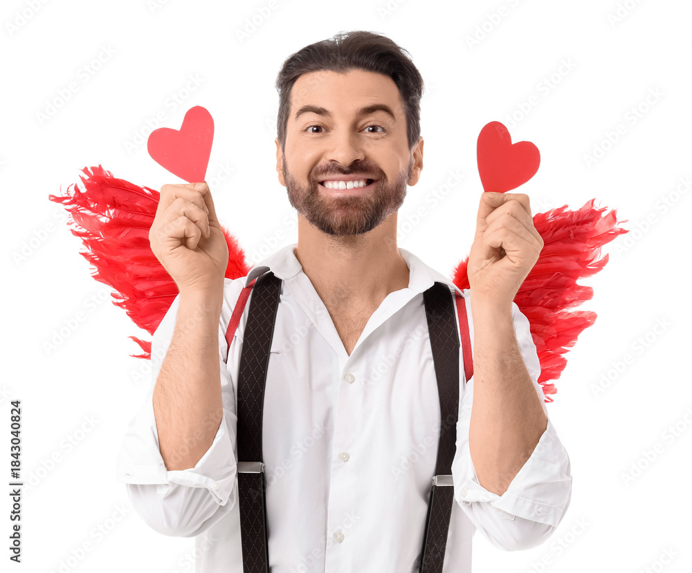 Obraz premium Man dressed as Cupid with hearts on white background. Valentine's Day celebration