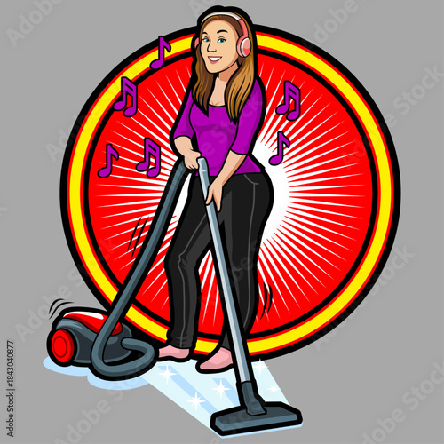 Cartoon girl with a vacuum cleaner