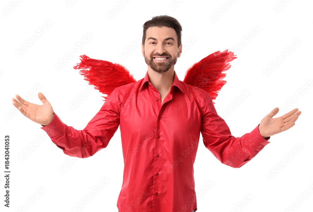 Obraz premium Man dressed as Cupid on white background. Valentine's Day celebration