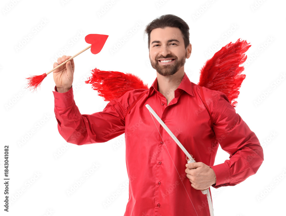 Obraz premium Man dressed as Cupid with bow and arrow on white background. Valentine's Day celebration