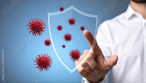 A hand gestures at a protective shield repelling the spread of viral invaders, symbolizing the crucial role of immunity in safeguarding health and well-being. 