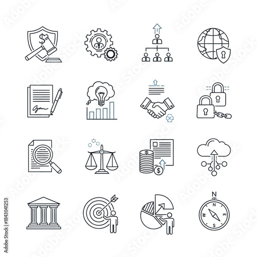 Business and Legal Icons Representing Finance, Law, Growth, and Global Connectivity
