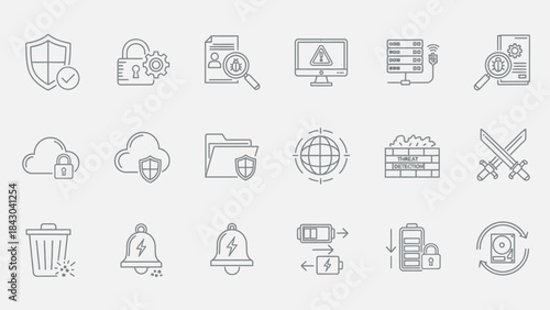 A comprehensive collection of outline icons representing digital security, data protection, network safety, and system management solutions for modern technological environments