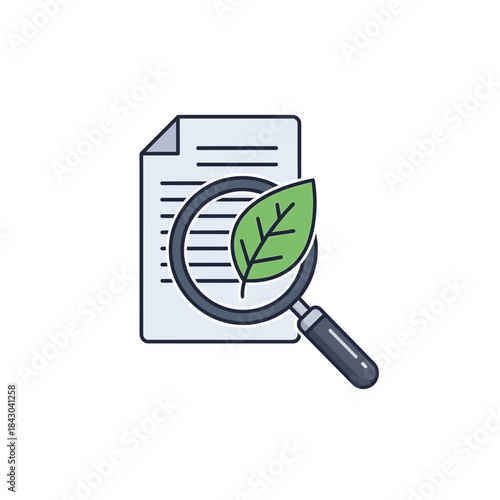 Researching nature and environmental topics with a magnifying glass over a document and a green leaf icon