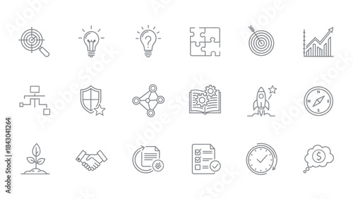 Collection of business and strategy icons representing concepts like planning, growth, teamwork, and innovation