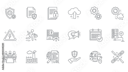 Diverse Technology and Business Operations Vector Line Icons Collection – Featuring Data Security, Cloud Computing, IT Management, and Digital Infrastructure Concepts