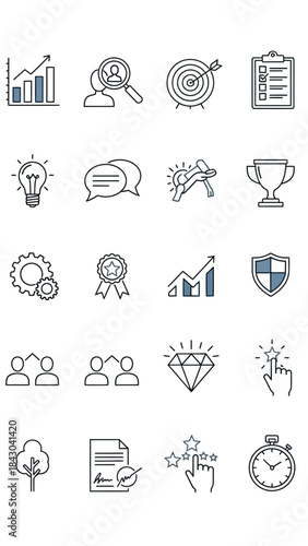 Business growth and success icons featuring achievements, strategy, and development