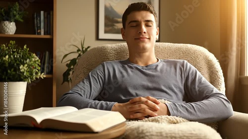 A serene young man with eyes closed in prayer or meditation sits peacefully in a sunlit room with an open Bible.