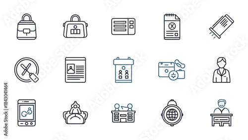 Clean and professional vector line icons for various business, travel, office, and digital interface needs, offering a diverse set of graphic elements for modern applications
