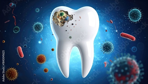 A detailed digital illustration showing a tooth ravaged by decay, surrounded by various microbes, highlighting the importance of oral hygiene and dental care.