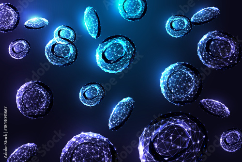 Futuristic glowing erythrocytes floating in dark space, medical biotech science vector illustration