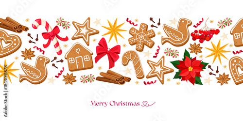 Holiday horizontal Christmas poster with gingerbread cookies, cinnamon sticks, red bows, festive candies, holly berries, star anise, cloves, golden starbursts and poinsettia flower on white background